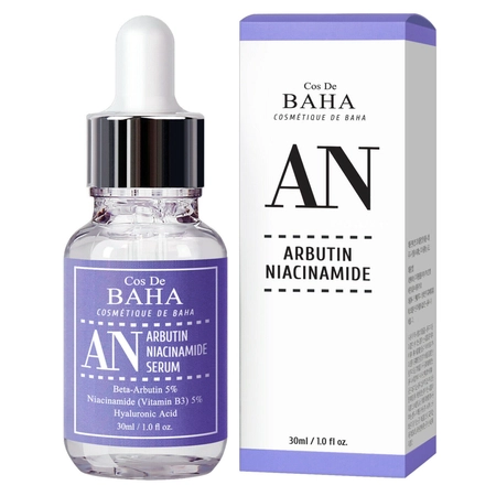 ОСВІТЛЮЮЧА СИРОВАТКА З АРБУТИНОМ ТА НІАЦИНАМІДОМ COS DE BAHA NIACINAMIDE 5% + ARBUTIN 5% SERUM WITH HYALURONIC ACID, 30МЛ