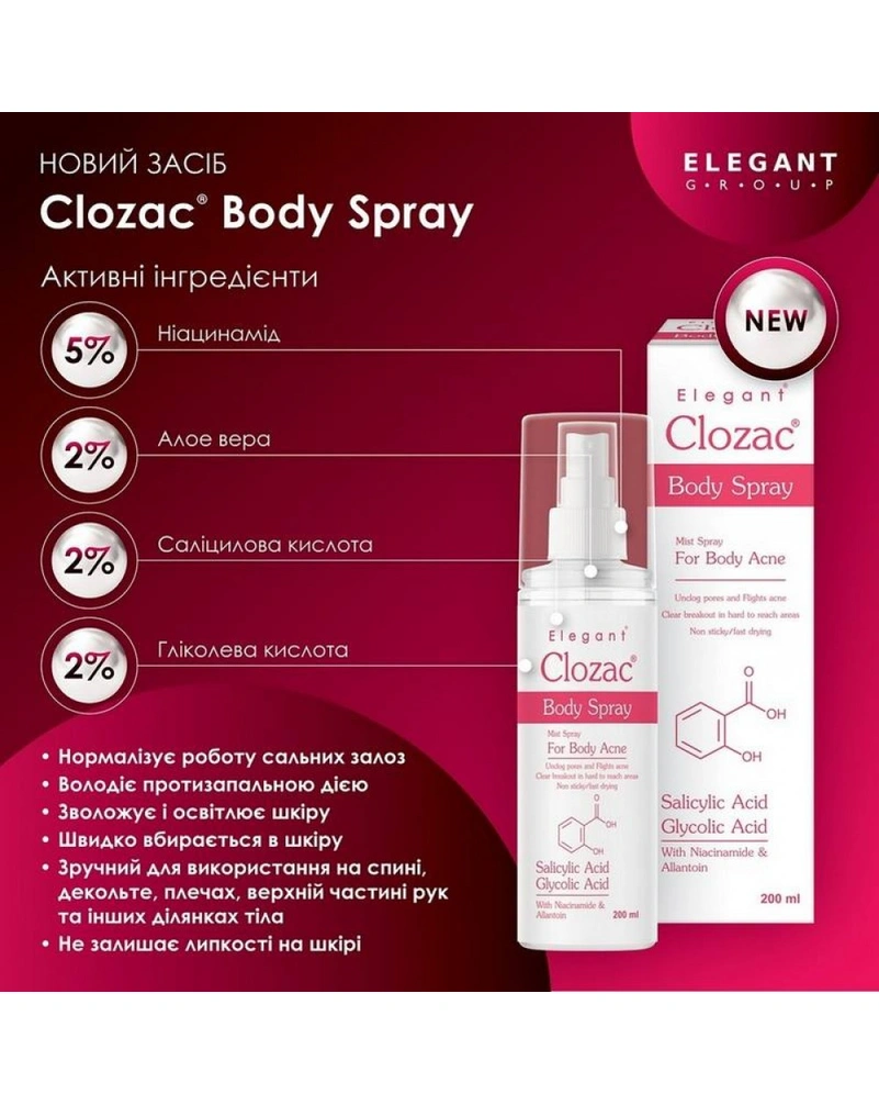 Спрей для тіла від висипань Perolite Clozac Body Acne Spray , 200 мл